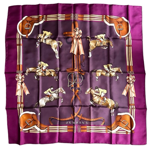 Hermes 100% Silk Purple & Fuchsia Pink Jumping Horses Large 90cm Square Scarf - Picture 3 of 10